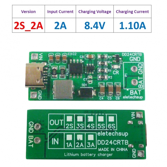 DD24CRTB 2S 2A Type-c Multi-cell 8.4V 12.6 16.8 21V 25.2V Step-up Boost Charger Module for 7.4V 11.1V 14.8V 18.5V 22.2V 18650 Battery Pack