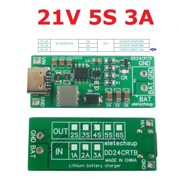 DD24CRTB 5S 3A Type-c Multi-cell 8.4V 12.6 16.8 21V 25.2V Step-up Boost Charger Module for 7.4V 11.1V 14.8V 18.5V 22.2V 18650 Battery Pack