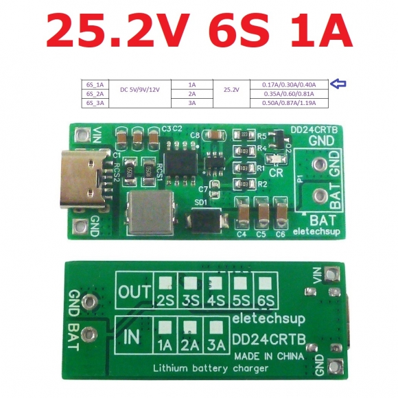 DD24CRTB 6S 1A Type-c Multi-cell 8.4V 12.6 16.8 21V 25.2V Step-up Boost Charger Module for 7.4V 11.1V 14.8V 18.5V 22.2V 18650 Battery Pack