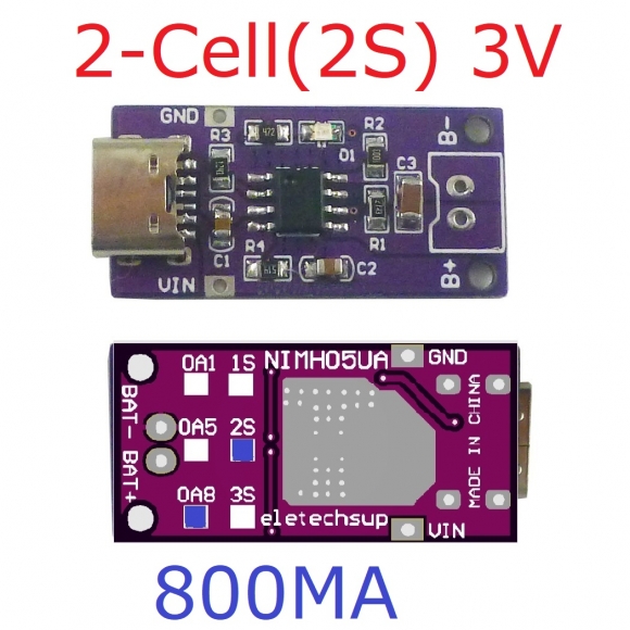 NIMH05UA 2S 0.8A TYPE-C 2 Cell NIMH Battery Charger Module 1.5V 3V 4.5V for 1.2V 2.4V 3.6V Nickel-Metal Hydride Battery 800MA