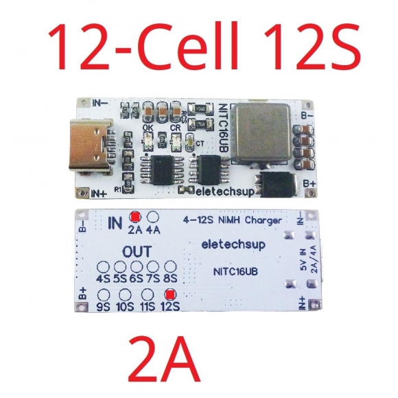 NITC16UB 2A 12 Cell NIMH Charger Module TYPE-C DC 5V Boost BMS CC/CV NiCd for 4.8V 6V 7.2V 8.4V 9.6V 10.8V 12V 13.2V 14.4V Battery