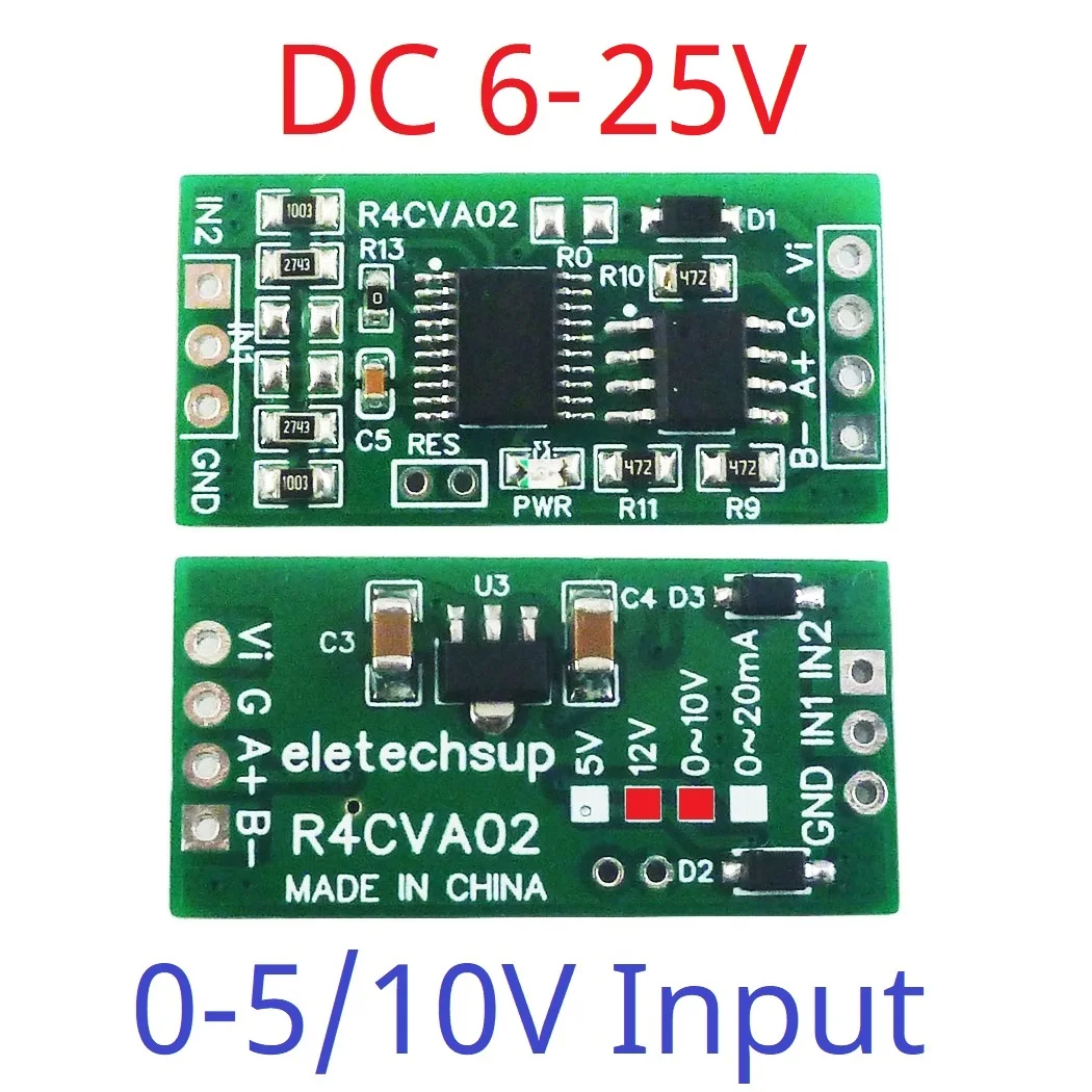 R4CVA02 Power 6-25V IN0-10V Mini 2CH Voltage Current RS485 Collector Module ADC 0-5V 0-10V 4-20MA 0-20MA Serial Port UART AI Input Module PLC Analog IO