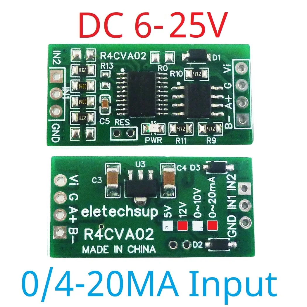 R4CVA02 Power 6-25V IN0-20MA Mini 2CH Voltage Current RS485 Collector Module ADC 0-5V 0-10V 4-20MA 0-20MA Serial Port UART AI Input Module PLC Analog IO